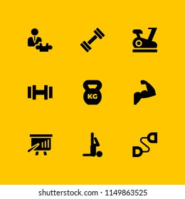 fit icon. 9 fit set with dumbbell, strong, weight and stationary bike vector icons for web and mobile app