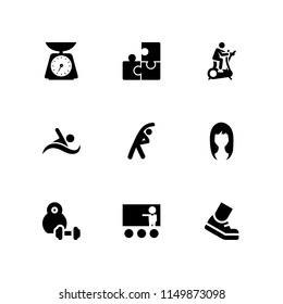 fit icon. 9 fit set with puzzle piece, dumbell, woman dark long hair shape and weight vector icons for web and mobile app