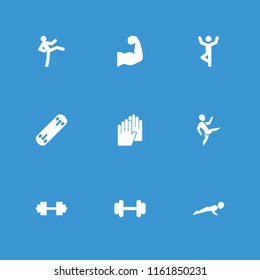 Fit icon. collection of 9 fit filled icons such as barbell, muscular arm, barbell   isolated, man doing exercises, gloves. editable fit icons for web and mobile.