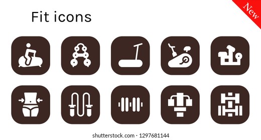  fit icon set. 10 filled fit icons. Simple modern icons about  - Stationary bike, Barbell, Treadmill, Bench press, Fitness, Jumping rope, Dumbbell, Gym station
