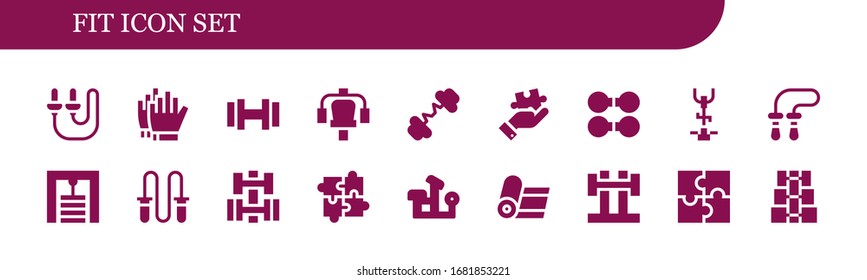 ajustar conjunto de iconos. 18 iconos de ajuste rellenos.  Iconos modernos sencillos, como: Palas de esquí, guantes de fútbol, Dumbbell, estación de gimnasio, Barbell, Puzzle, Bici estacionaria, cuerda de salto, prensa de banco