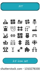 fit icon set. 25 filled fit icons.  Simple modern icons about  - Stationary bike, Puzzle, Yoga, Exercise, Abs, Skip rope, Dumbbell, Jumping rope, Treadmill, Push up, Bench press