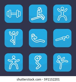 fit icon. Set of 9 outline fit icons such as barbell, push up, squat, abdoninal workout