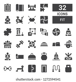 fit icon set. Collection of 32 filled fit icons included Kettlebell, Skipping rope, Treadmill, Puzzle, Bench press, Chest expander, Yoga, Meditation, Gym, Yoga mat, Meditate, Athlete