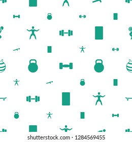 fit icons pattern seamless white background. Included editable filled barbell, push up, man doing exercises, kettle, muscular arm on phone icons. fit icons for web and mobile.