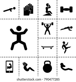 Fit icons. set of 13 editable filled fit icons such as skating, push up, squat, abdoninal workout, barbell, kettle, muscular arm  on phone, power lifter, gloves