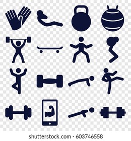 Fit icons set. set of 16 fit filled icons such as gloves, barbell, push up, abdoninal workout, kettle, muscular arm  on phone, power lifter, barbell   isolated, fit ball