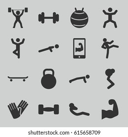 Fit icons set. set of 16 fit filled icons such as gloves, barbell, push up, squat, abdoninal workout, kettle, muscular arm  on phone, muscular arm, power lifter, fit ball