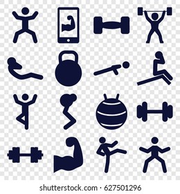 Fit icons set. set of 16 fit filled icons such as barbell, push up, squat, abdoninal workout, kettle, muscular arm  on phone, muscular arm, power lifter, barbell   isolated