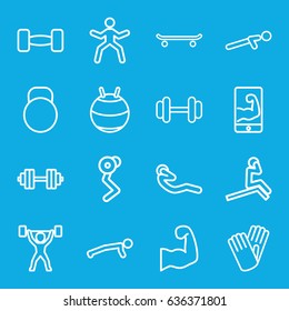 Fit icons set. set of 16 fit outline icons such as gloves, barbell, push up, abdoninal workout, kettle, muscular arm  on phone, muscular arm, power lifter, barbell   isolated