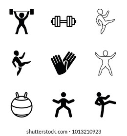 Fit icons. set of 9 editable filled and outline fit icons such as gloves, man doing exercises, power lifter, fit ball, barbell   isolated