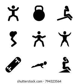 Fit icons. set of 9 editable filled fit icons such as man doing exercises, squat, kettle