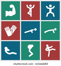 Fit icons set. set of 9 fit filled icons such as gloves, push up, squat, abdoninal workout, muscular arm
