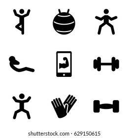 Fit icons set. set of 9 fit filled icons such as gloves, barbell, squat, abdoninal workout, muscular arm  on phone, fit ball