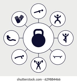 Fit icons set. set of 9 fit filled icons such as gloves, push up, squat, abdoninal workout, kettle, power lifter, skating