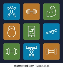 fit icons set. Set of 9 fit outline icons such as barbell, push up, squat, kettle, muscular arm  on phone, muscular arm, power lifter