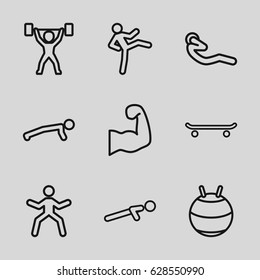 Fit icons set. set of 9 fit outline icons such as push up, abdoninal workout, muscular arm, power lifter, fit ball, skating