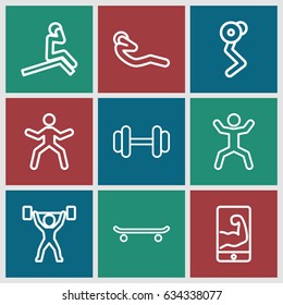 Fit icons set. set of 9 fit outline icons such as barbell, squat, abdoninal workout, muscular arm  on phone, power lifter, skating