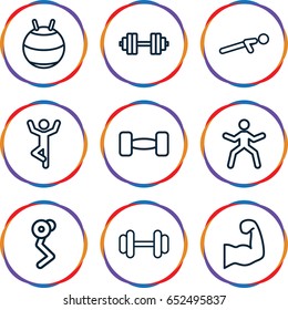 Fit icons set. set of 9 fit outline icons such as barbell, push up, muscular arm, barbell   isolated, fit ball