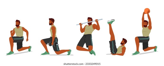 Ejercicios De Carácter Masculino Adecuados A Través De Una Variedad De Actividades Como La Halterofilia Y La Calisthenics Para Mantener Niveles Óptimos De Fitness Y Bienestar General. Ilustración de vectores de personas de caricatura