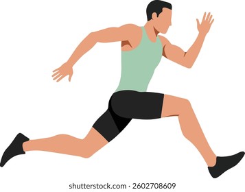 A fit male runner in a green tank top and black shorts races forward, embodying speed and focus in a minimalist style, conveying a sense of urgency and vitality.