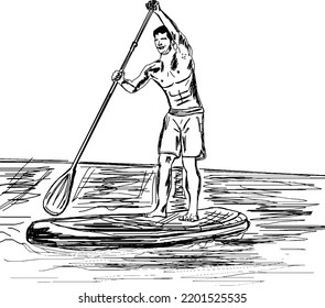 Fit man doing Paddle Boarding line art vector, Continuous line sketch drawing of man stand up paddle board, cartoon doodle of standing man on boat