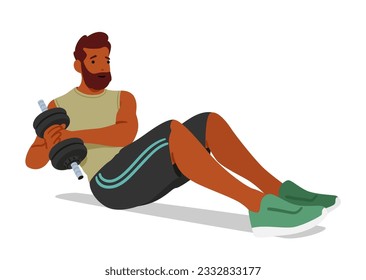 Fit Man Engages Dumbbell Floor Exercises, Male Character Utilizing Weights To Target Different Muscle Groups And Enhance Overall Strength And Fitness. Cartoon People Vector Illustration