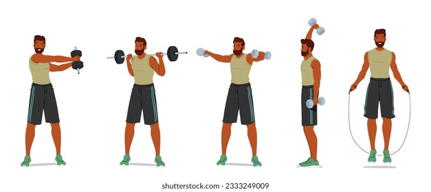 Fit Man Engages In A Dynamic Workout Routine. Black Male Character Combining The Use Of Dumbbells To Build Strength And Jump Rope For Cardiovascular Endurance. Cartoon People Vector Illustration