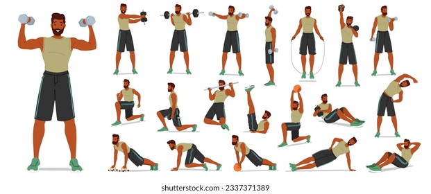 Fit Man Exercises, Demonstrating Strength And Endurance. Male Character Engages In Weightlifting, Push-ups, Inspiring Others To Lead A Healthy Lifestyle. Cartoon People Vector Illustration