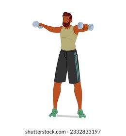 Fit Man Exercises With Dumbbells Isolated on White Background. Black Male Character Strengthening His Muscles And Improving Overall Fitness in Gym or Home. Cartoon People Vector Illustration