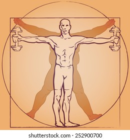 A fit man exercising with dumbbells in front of a fat man's silhouette. Logo template referencing to the Leonardo Da Vinci's Vitruvian man. EPS10 vector illustration.