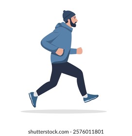 Fit man jogging in a hoodie and sneakers, promoting fitness, healthy living, and outdoor physical activity for an active lifestyle