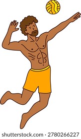 Fit man jumping high to hit volleyball at beach