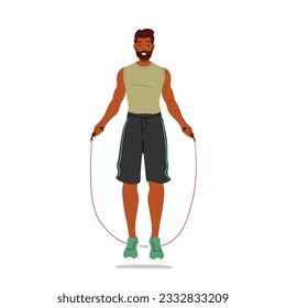 Fit Man Jumps Rope With Precision. Male Character Executing Quick And Controlled Movements, Enhancing Cardiovascular Endurance, Coordination, And Overall Fitness. Cartoon People Vector Illustration