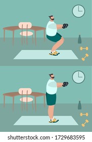 Fit man make exercise at home in sportswear. Active and healthy lifestyle concept. Sports competition indoor workout athletic. Flat vector illustration in room with furniture. Trendy simple interior