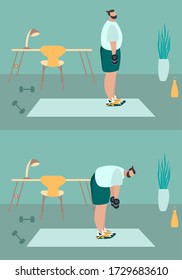 Fit man make exercise at home in sportswear. Active and healthy lifestyle concept. Sports competition indoor workout athletic. Flat vector illustration in room with furniture. Trendy simple interior