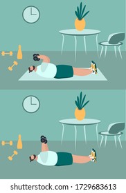 Fit man make exercise at home in sportswear. Active and healthy lifestyle concept. Sports competition indoor workout athletic. Flat vector illustration in room with furniture. Trendy simple interior