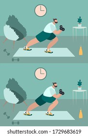 Un hombre apropiado hace ejercicio en casa con ropa deportiva. Concepto de estilo de vida activo y saludable. Deportiva competición deportiva en atletismo interior. Ilustración vectorial plana en habitación con mobiliario. Decoración sencilla y a la última