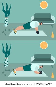 Fit man make exercise at home in sportswear. Active and healthy lifestyle concept. Sports competition indoor workout athletic. Flat vector illustration in room with furniture. Trendy simple interior