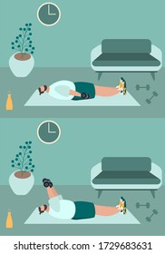 Fit man make exercise at home in sportswear. Active and healthy lifestyle concept. Sports competition indoor workout athletic. Flat vector illustration in room with furniture. Trendy simple interior