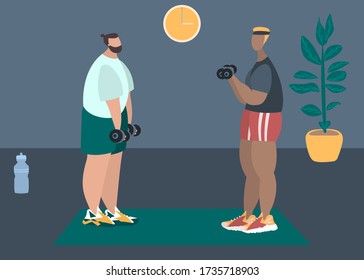 Fit man make exercise at home in sportswear. Active and healthy lifestyle concept. Sports competition indoor workout athletic. Flat vector illustration in room with furniture. Trendy simple interior