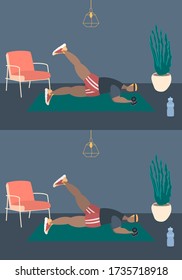 Fit man make exercise at home in sportswear. Active and healthy lifestyle concept. Sports competition indoor workout athletic. Flat vector illustration in room with furniture. Trendy simple interior