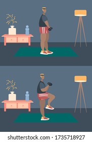 Fit man make exercise at home in sportswear. Active and healthy lifestyle concept. Sports competition indoor workout athletic. Flat vector illustration in room with furniture. Trendy simple interior