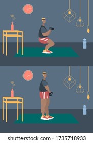 Fit man make exercise at home in sportswear. Active and healthy lifestyle concept. Sports competition indoor workout athletic. Flat vector illustration in room with furniture. Trendy simple interior