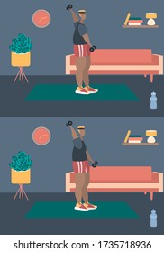 Fit man trainiert zu Hause in Sportbekleidung. Aktives und gesundes Lifestyle-Konzept. Sportwettkampf innen Training athletisch. Flachvektorbild im Raum mit Möbeln. Modernes, einfaches Interieur