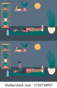 Fit man make exercise at home in sportswear. Active and healthy lifestyle concept. Sports competition indoor workout athletic. Flat vector illustration in room with furniture. Trendy simple interior
