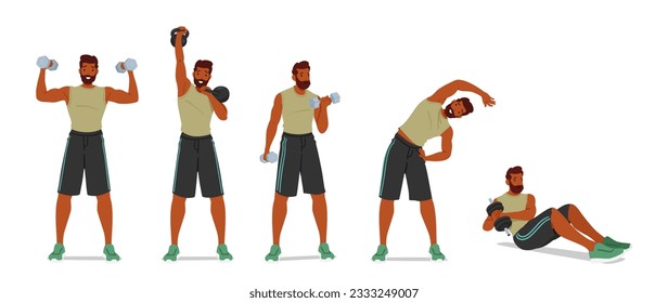 Fit Man Performs Dumbbell or Kettlebell Exercises, Incorporating Tilting Movements To Engage Multiple Muscle Groups. Male Character Enhance Strength And Stability. Cartoon People Vector Illustration