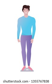 Fit man standing on the scales. Idea of weight loss. Fitness and healthy lifestyle. Person in shape. Vector illustration in cartoon style