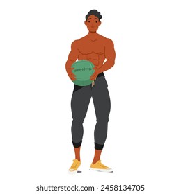 Fit Man Stands Holding A Medicine Ball, His Athletic Build And Focused Demeanor Highlighting His Commitment To A Healthy, Active Lifestyle And Functional Strength Training. Cartoon Vector Illustration