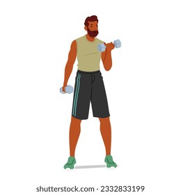 Fit Man Trains With Dumbbells, Character Toning Muscles And Improving Strength. His Focused Exercise Routine Promotes Fitness And Enhances Physical Well-being. Cartoon People Vector Illustration
